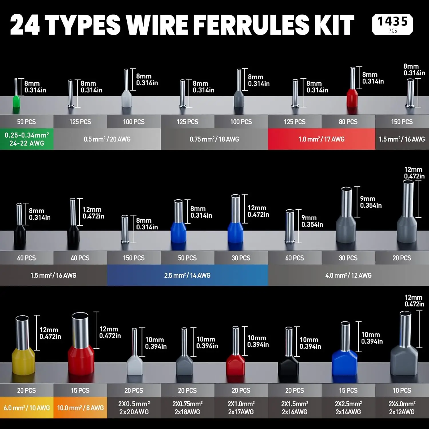 24 حجمًا من حلقات الأسلاك ومجموعة أدوات العقص ذاتية الضبط للأسلاك الكهربائية، وأطراف DIY - AWG28-7