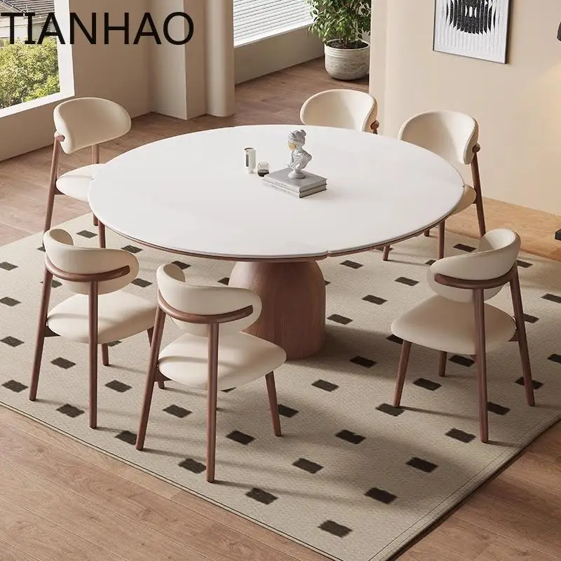 French Modern Dining Table Retractable Foldable White Household Rock Round Coffee Living Room Extendable Console Furniture