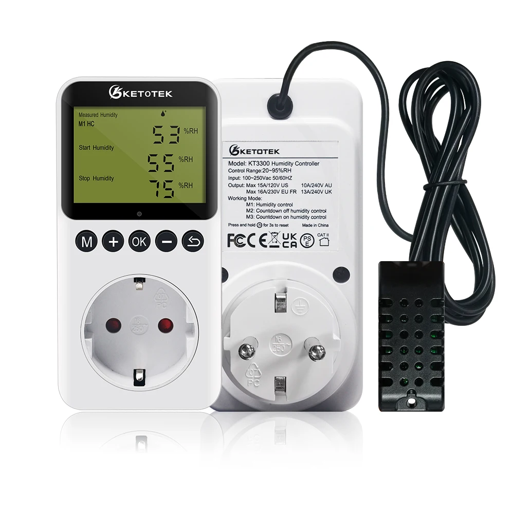 KT3300 Digital Humidity Controller 20~95%RH Humidistat Hygrometer Humidity Control Switch Regulator With Sensor