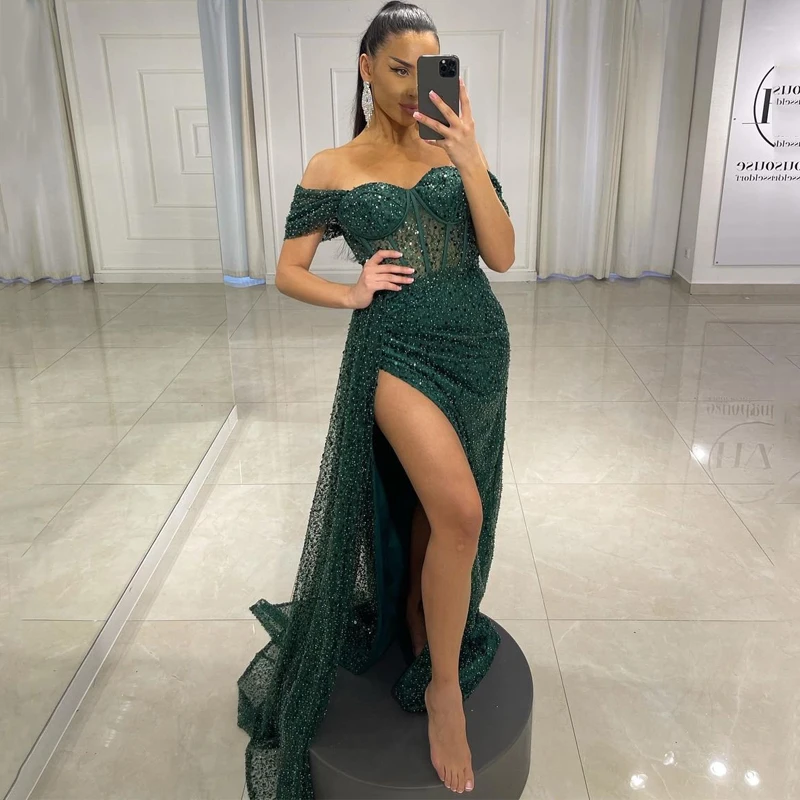 Sexy Sequins Sweetheart Beads Evening Dresses Split Sider Off The Shoulder Long Prom Gowns Exposed Boning Green Party Arabic