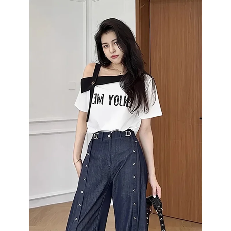 

Women Clothing Summer Fashion Casual Printing Contrasting Colors Slash Neck Female Simplicity All-match Short Sleeve Loose Tops