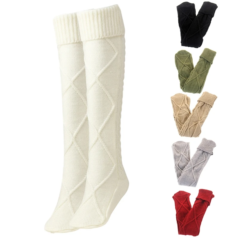 

Women Cable Knit Diamond Pattern Thigh High Socks Solid Over Knee Long Stockings