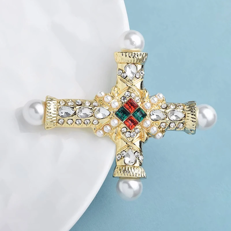 Wuli&baby Palace Style Cross Brooches For Women Men Pearl Rhinestone Baroque Cross Party Casual Brooch Pins Gifts