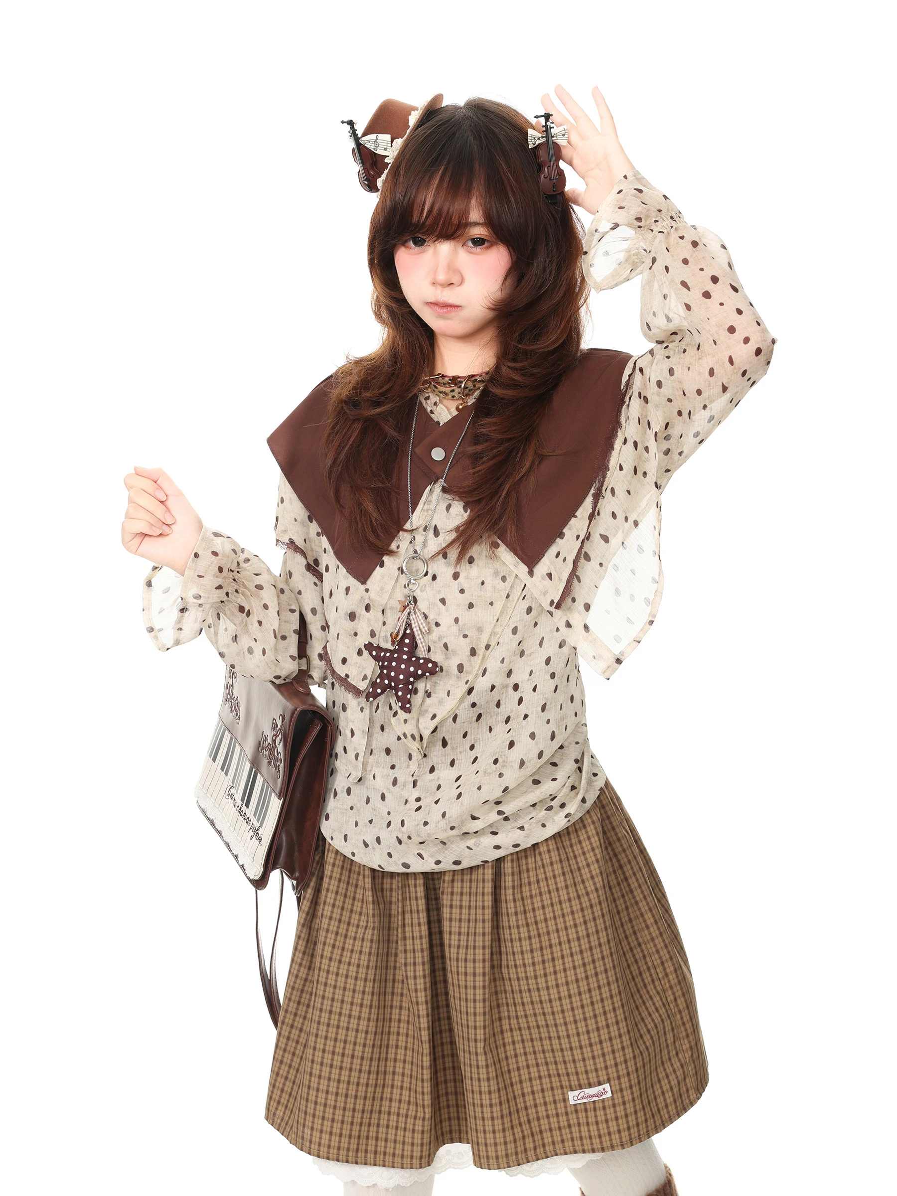 Blue Ghost Park Languid Park Polka Dot Mesh V-neck Bell Sleeve Long Sleeve Top And Shawl Set Women's Fashion Ensemble