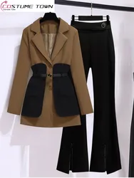 Veste patchwork décorative pour femme, blazer décontracté, ceinture de printemps, 6 000 pleurs, deux pièces élégantes, pantalons trempés, tenues de bureau, 2023