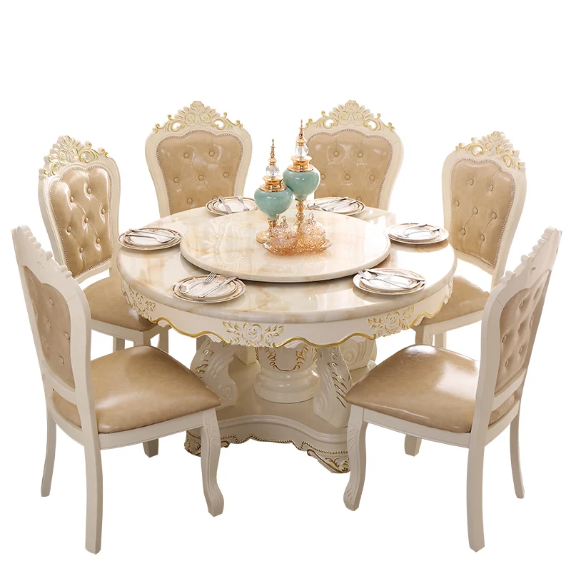 Customizable European dining table and chair combination marble round table with turntable