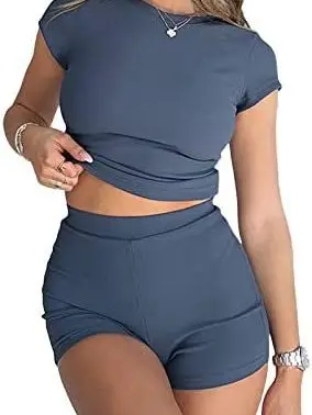 

Slim Fit Knitted ort Sve Two Piece Set Street Sle Sport Casual Outfit Polyester Fiber ort Pants Summer Collection