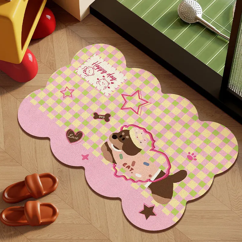 VIKAMA Pink Check Lace Wavy Shaped Bath Mat Non Slip Washable Absorbent Rug Sweet Cartoon Kids Room Home Decor Mat Welcome Rug