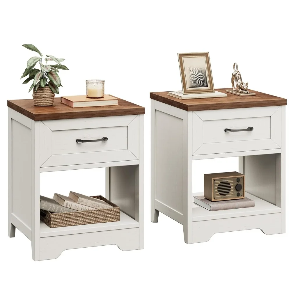 

Комплект из 2 деревянных прикроватных тумбочек в стиле рустик с выдвижным ящиком и открытыми полками, настраиваемые приставные столики для спальни