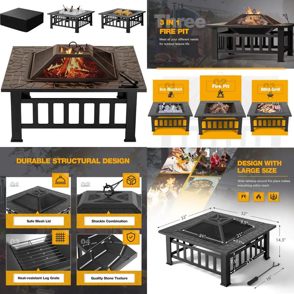 

32 Inch Metal Outdoor Fire Pit Table with Waterproof Cover for Patio, Camping, and Outdoor Fireplaces