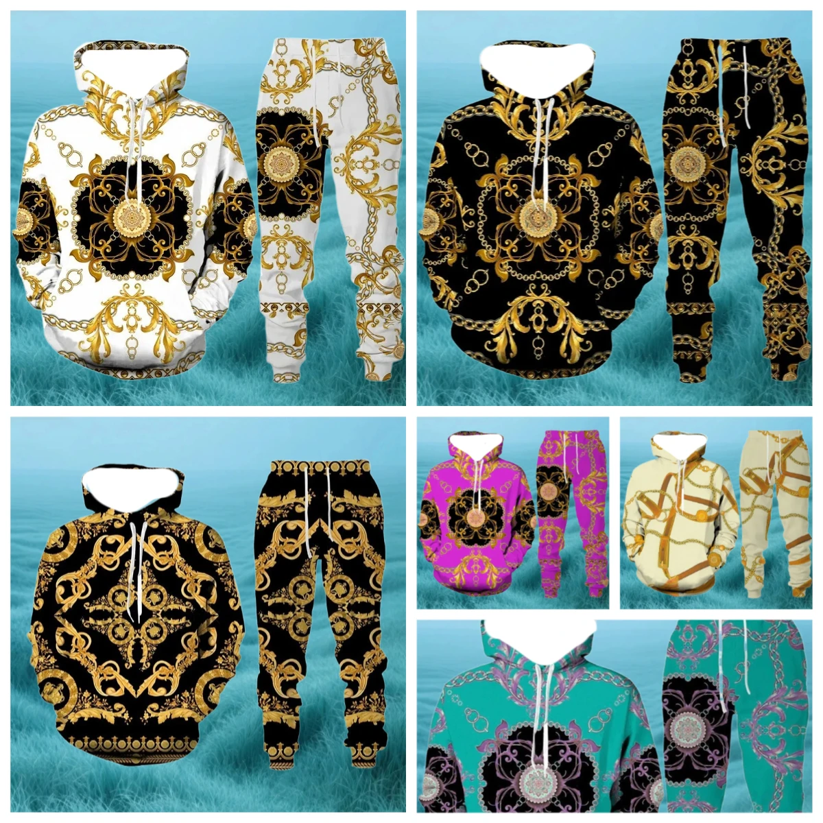

Fashion Luxury Golden Pattern Men Hoodie Sets 3D Print Sweatshirt Hooded Sweatshirt Oversize Sportswear Trousers Suit Clothing