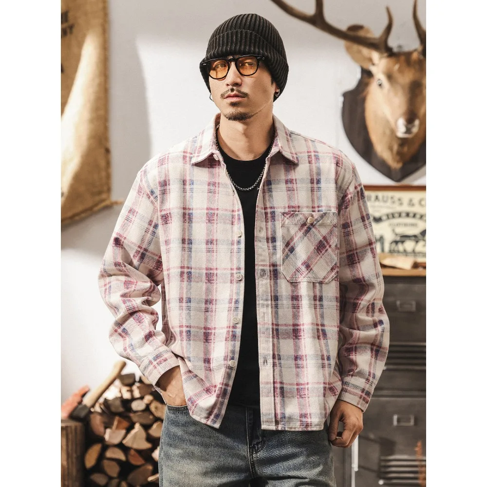 Men Vintage Red Blue Plaid Flannel Shirts Long Sleeve Oversized Loose Fit Casual Checkered Blouse Single Chest Pocket