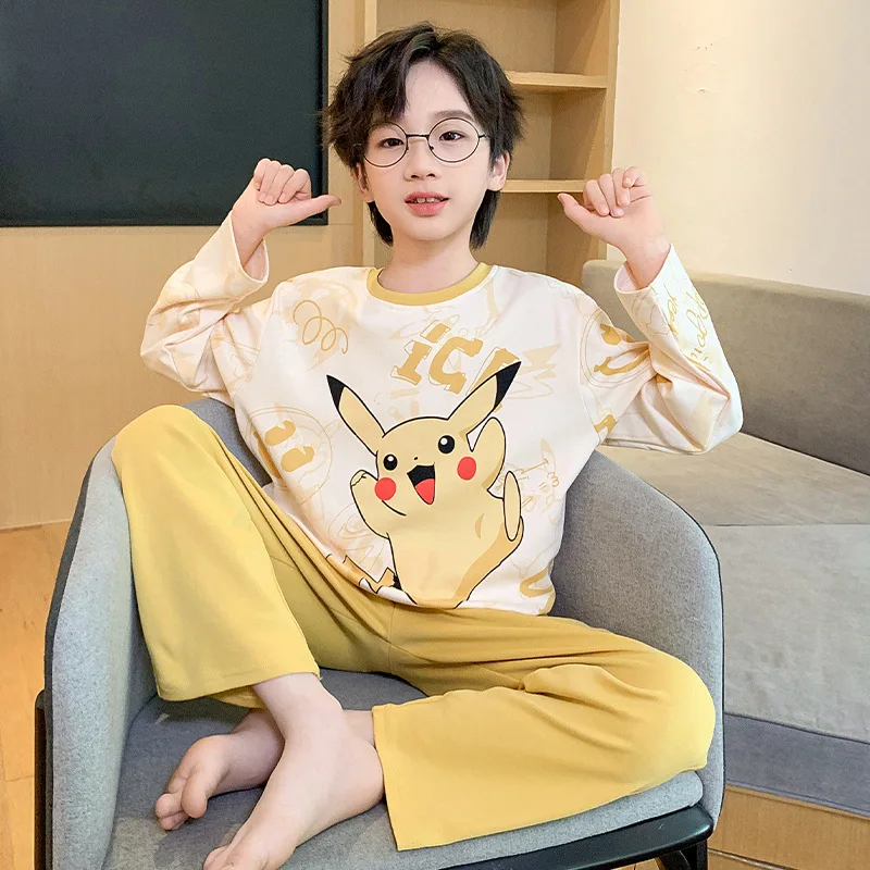 Kawaii Parent-Children Match Pijamas Anime Cartoon Figure Pikachu Adult Autumn Thin Boys And Girls Long Sleeves Home Clothing