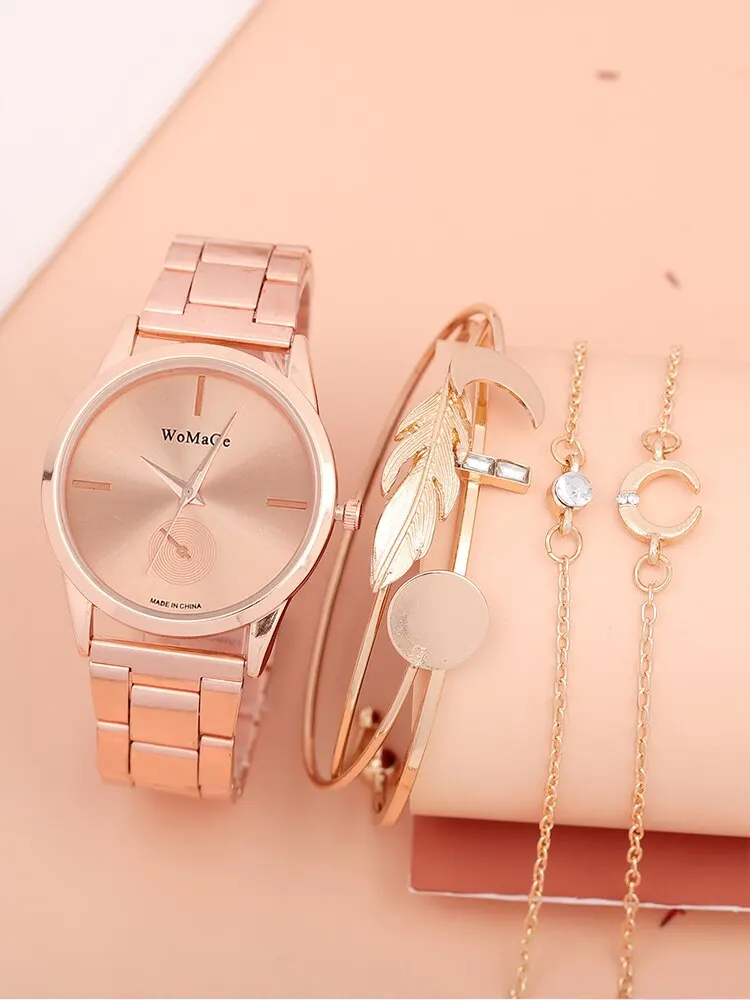 Conjunto de combinación de pulsera y reloj de cuarzo con banda de acero redonda a la moda para mujer de 6 piezas