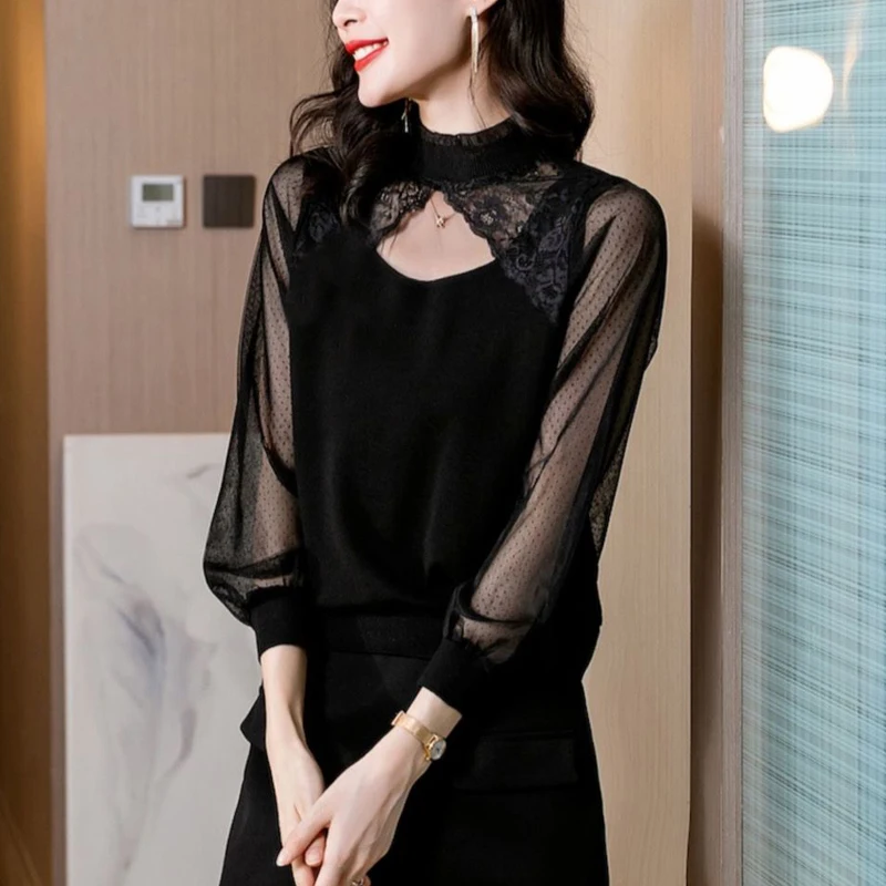 Sexy Lace Hollow Mesh Sheer Black Elegant Chic Basic Ladies Tops Spring Autumn 2023 Women\'s Casual Long Sleeve T-shirts Clothing