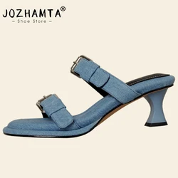 JOZHAMTA Size 34-40 Sandals For Women Summer 2023 Denim High Heels For Ladies Shoes Buckle Slippers Fashion Jeans Outdoor Slides