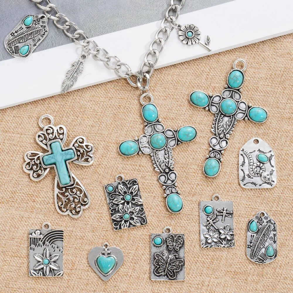 

Turquoise pendant, personalized cross necklace pendant, Bohemian alloy diy jewelry accessory