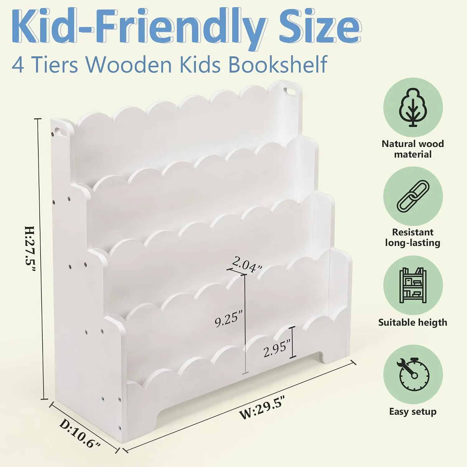 Wooden 3Tier Kids Bookshelf Scalloped Front Facing Montessori Toddler Nursery Playroom Baby Book Organizer Display Furniture