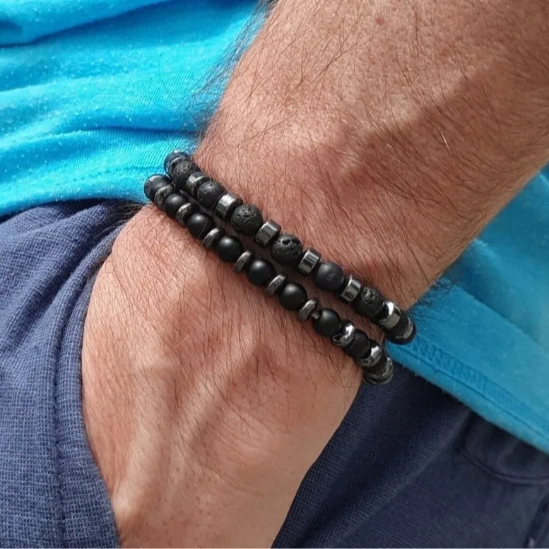 Meetviii 2pcs/set Vintage Volcanic Stone Black Gallstone Bead Elastic Strand Bracelets for Men's Hand Jewelry