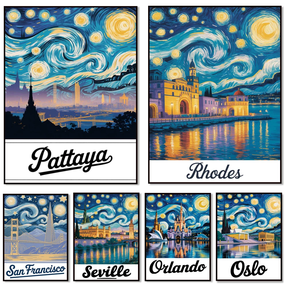 Orlando, Oslo, Pattaya, Seville, Rhodes, Rome, Phuket, Phoenix, Porto, Sao Paulo Van Gogh style starry night scenery posters