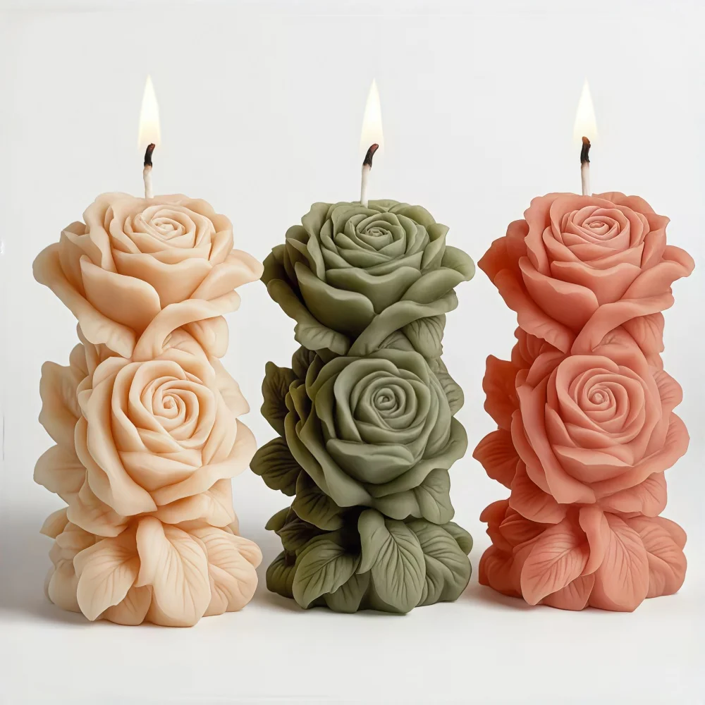 Valentinstag Geschenke 3D Rose Säule Kerze Silikon Form DIY Geometrische Pfingstrose Blume Säule Duftkerze Gips Ornament Form