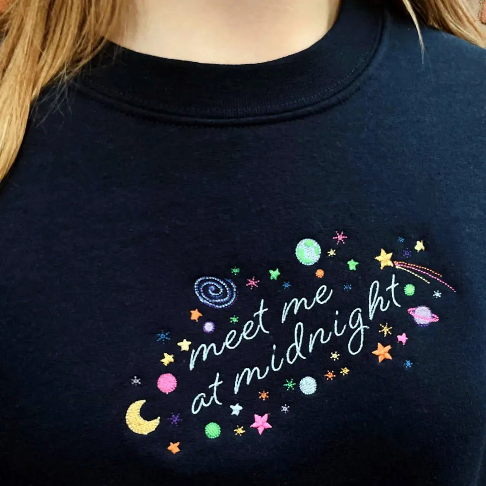 Meet Me At Midnight Space Embroidered Sweatshirts Women Vintage Style Autumn Winter Thick Fleece Warm Pullover Casual Crewneck