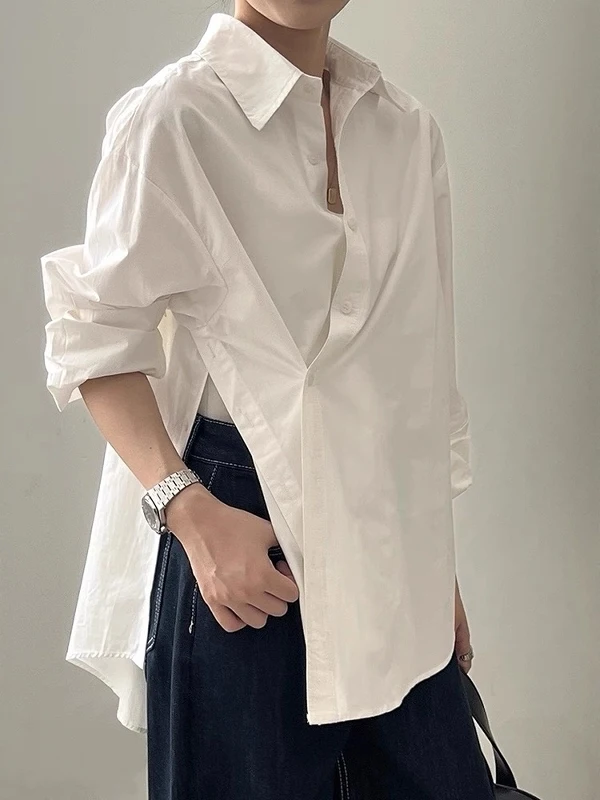 

Белая женская рубашка с асимметричным разрезом по боку, длинными рукавами, в корейском стиле, дышащая, повседневная, для весеннего офисного гардероба