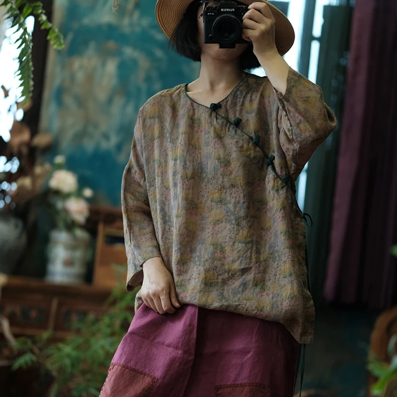 

Chinese Style Women Long Sleeve Ramie Shirt New 2026 Spring O-neck Frog Button Floral Print Female Casual Tops Shirts M2649