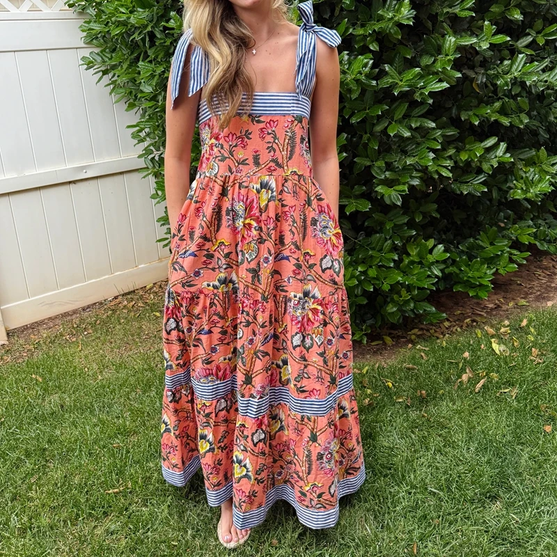 Maemukilabe feminino cottage boho maxi vestido floral gravata ombro flowy vestido longo verão praia pescoço quadrado babado em camadas vestido de verão