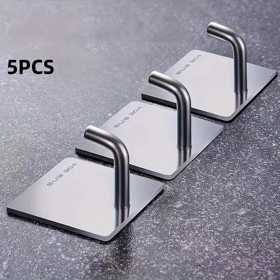 5PCS Heavy-duty Stainless Steel Adhesive Hook, No Need for Punching, Perfect for Towels, Clips, Practical Hooks