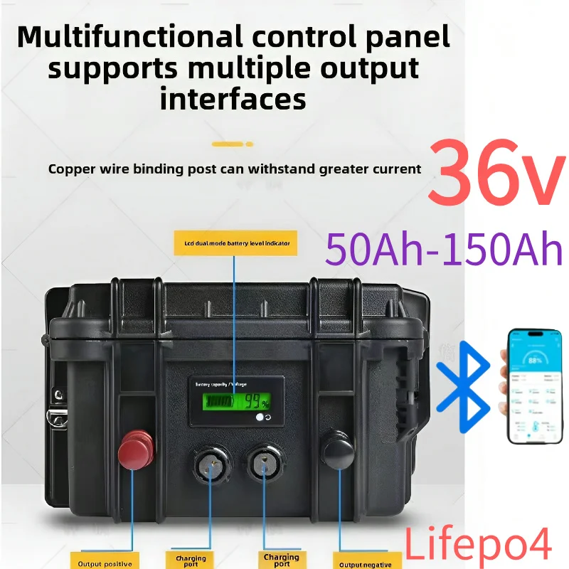 Waterproof 36V LiFePO4 Lithium Battery Pack 100Ah 120Ah 150Ah with BMS & 10A Charger for Fishing Boat Solar System Electric Vehi