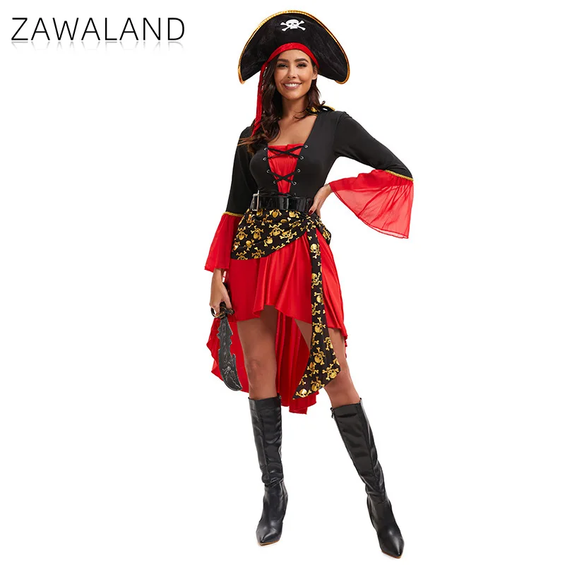 

Pirate Cosplay Costume For Woman Skull Printing Black Red Dress Set Carnival Festvial Performance Dress Comic con Party Outfits