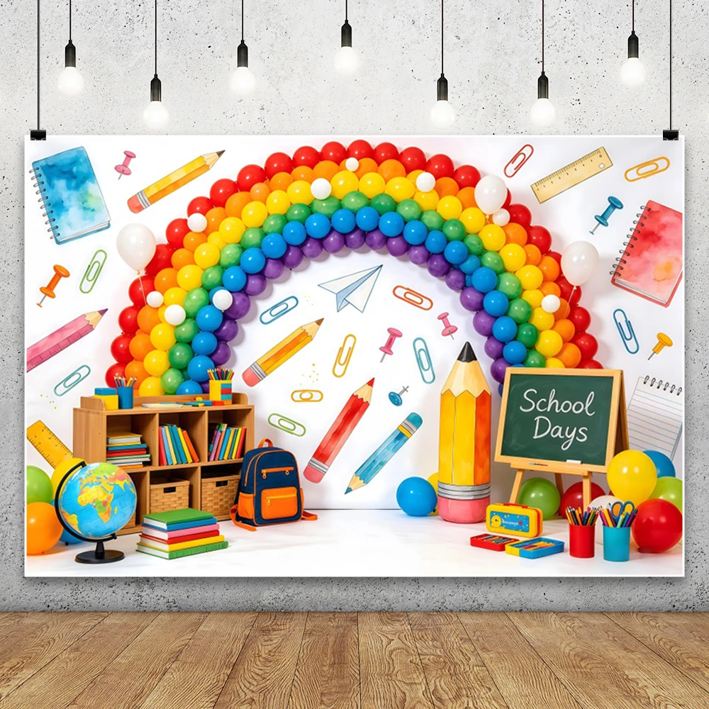 Back To School Photography Background Rainbow Balloon Arch Room Classroom Decor School Bus Book Children Portrait Photo Backdrop