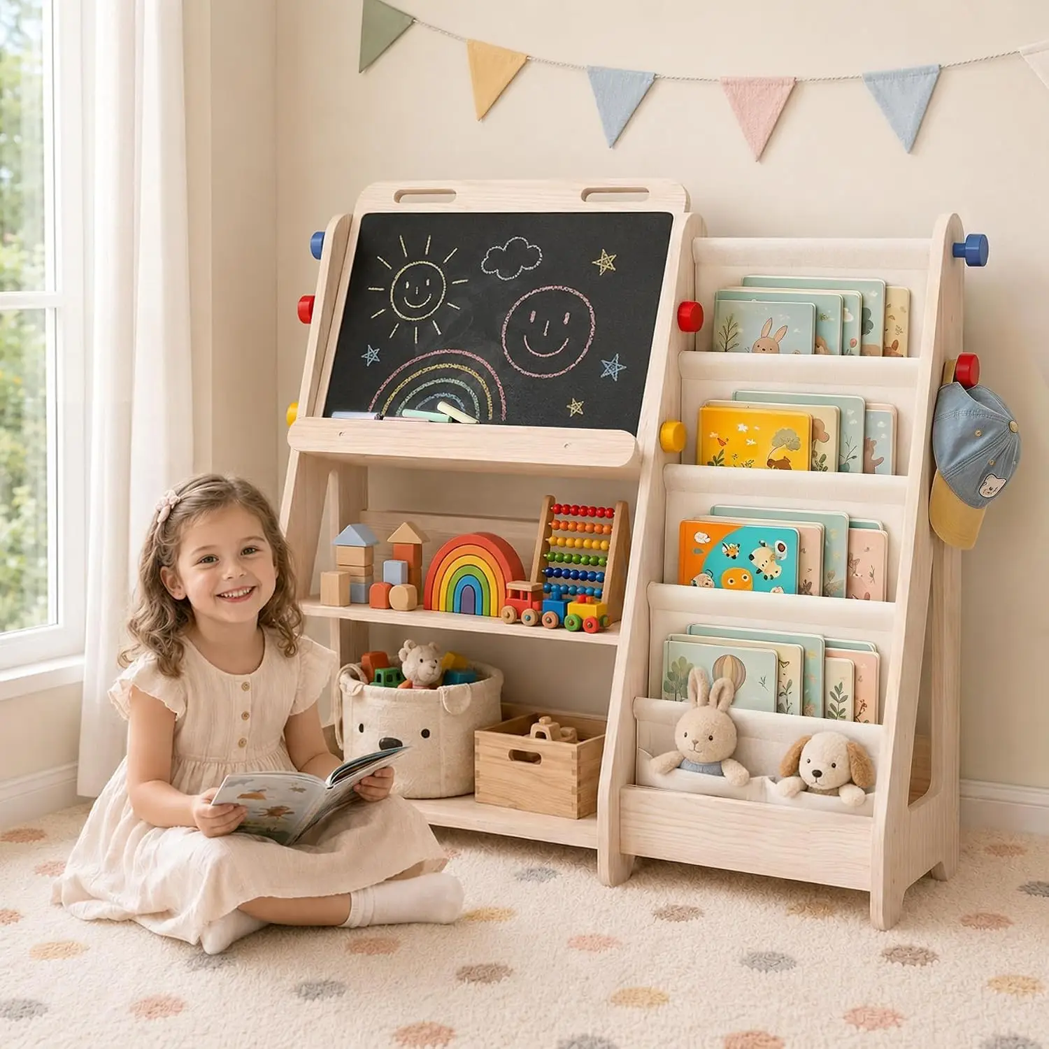 Kids Bookshelf and Toy Storage Organizer, Montessori Toddler Bookcase with Dual Drawing Board, 4 Hooks & 5-Tier Canvas Bag, Kids Storage Shelf for Playroom, Nursery, Bedroom, Classroom