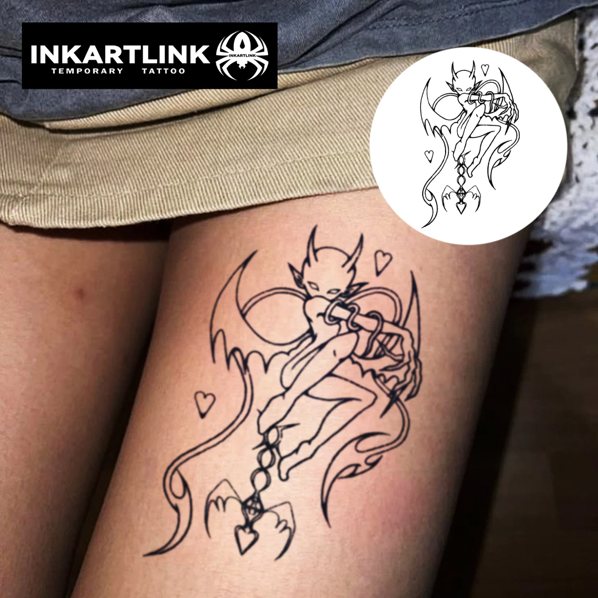 INKATLIN Gothic Evil Devil Love Chain Simple Lines Tattoo Stickers Waterproof Temporary Tattoo Color Holding 1-2 Weeks