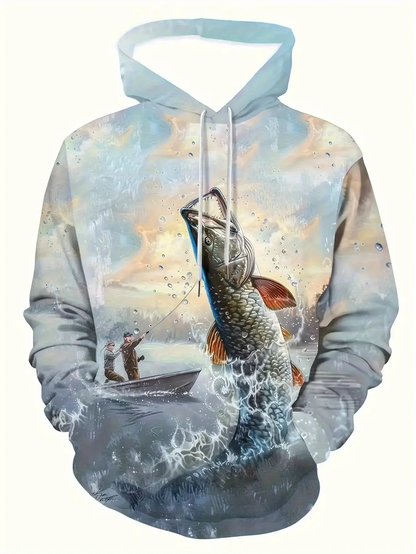 Men Lake Fishing Boat Big Pike Splash Landscape All Over Print Drawstring Hoodie With Pocket