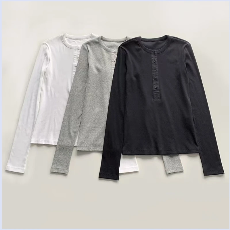 Splicing collar, threaded long sleeved shirt, European and American niche, generous, slim fit, curved elastic top