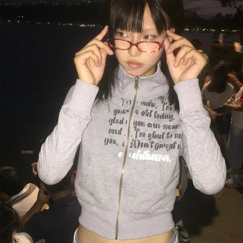 Karrram Japanse Y 2K Cropped Jasje Vintage Harajuku Korte Jas Amerikaanse Retro Brief Print Rits Sweatshirt Grunge Bovenkleding