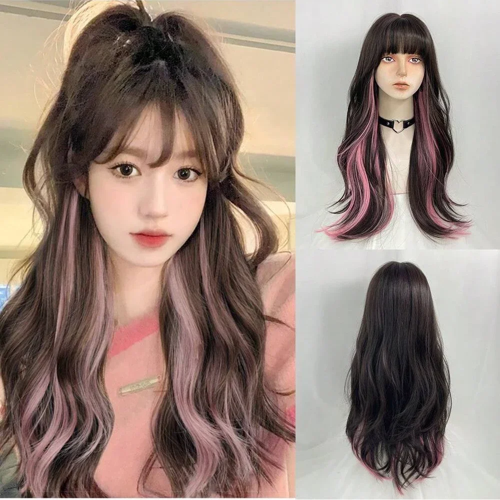 

Synthetic Long Curls Brown Hanging Ear Color Hair Top Dyed Black With Bangs Lady'S Fashion Heat Resistant Wigs