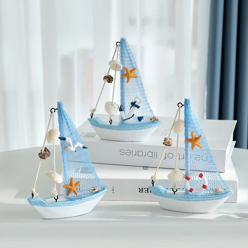 1pc Mini Mediterranean Nautical Wooden Blue Sailing Boat Wood Craft Ornament for Home & Party Decoration