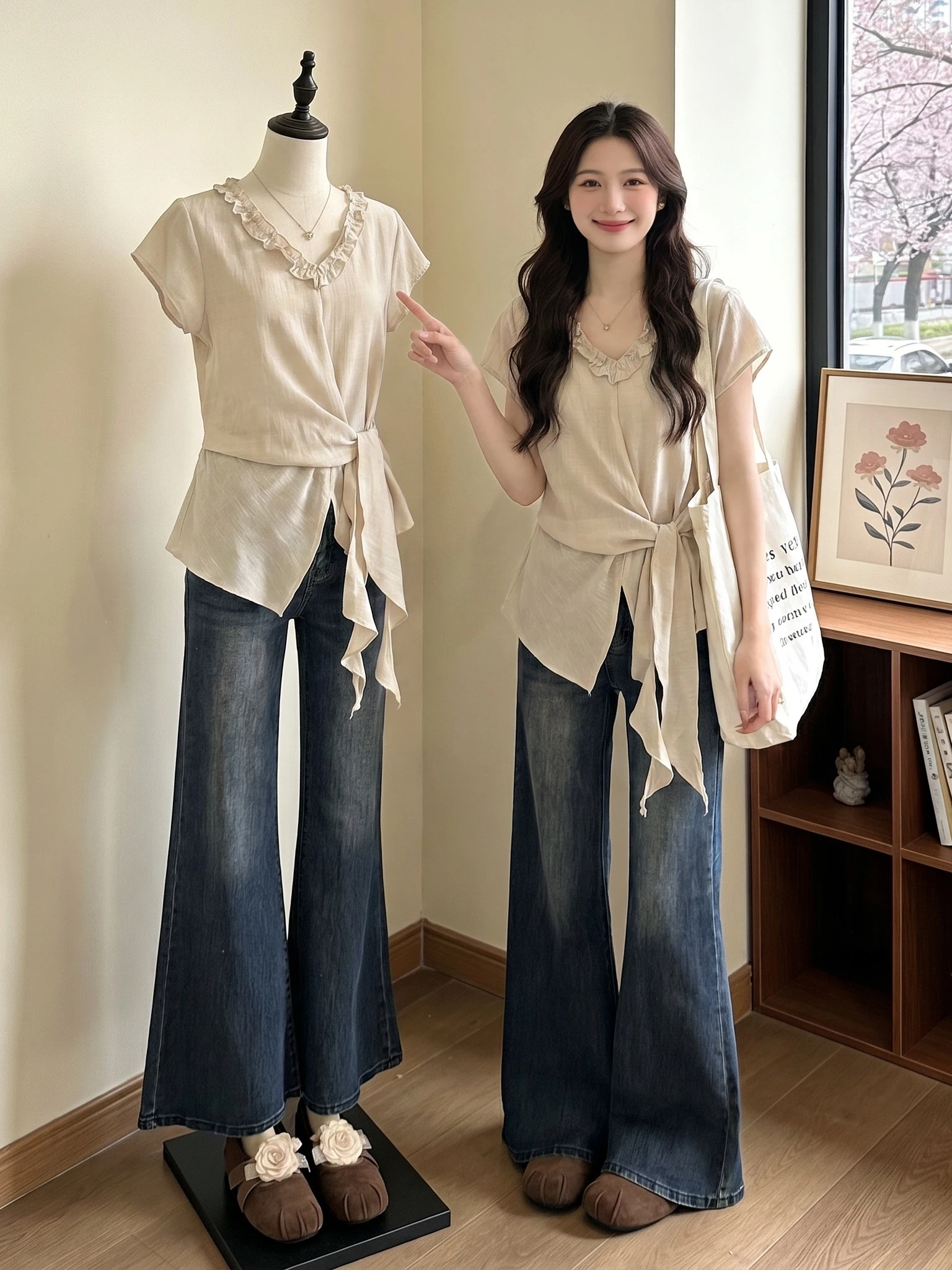 

Chic V-Neck Shoulder Shirt Women's plus Size Summer New Style Big Flounce Waist Inward Top Korean Style Commute Wind Loose Fit