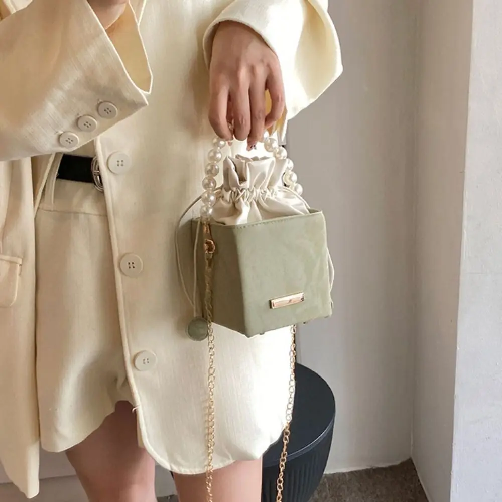 Vintage Fashion Chain Handbag Gifts PU Leather All-match Drawstring Handbag Small Square Bag Pearl Waist Bag Shoulder Crossbody