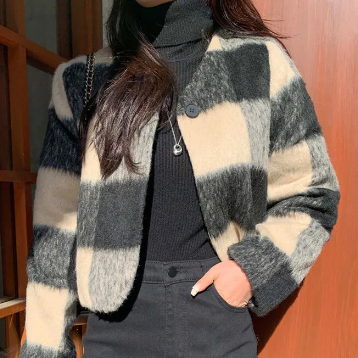 

Chic Winter ort Woolen Coat V-Ne Single Button Cotton Plaid Design Korean Sle Straight Cut Long Sve Pure Color