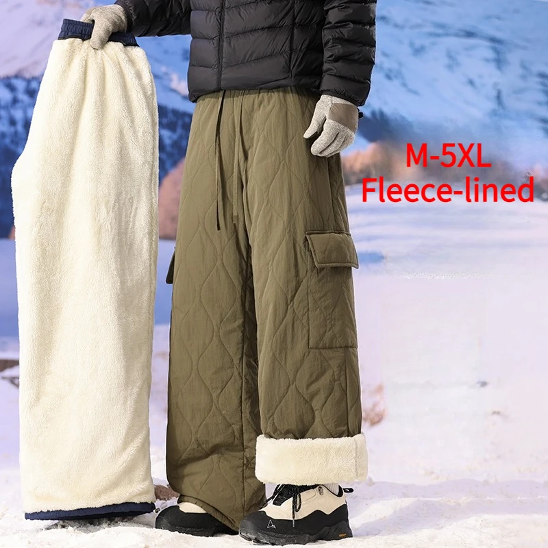 

Fleece Winter Padding Pants Men Outdoor Warm Thicken Waterproof Checked Pants Wide leg Casual Sweatpants Male Trousers Vintage