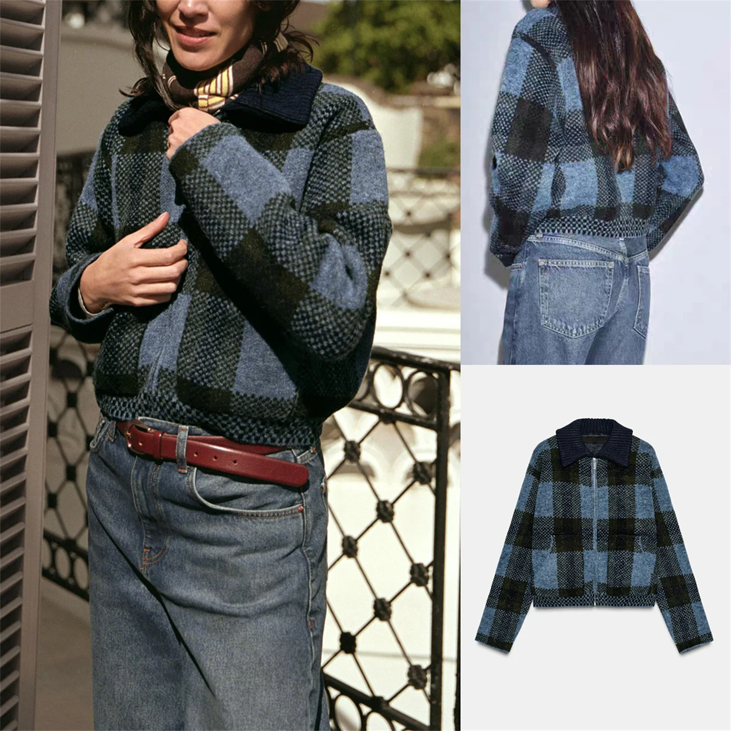 Fall New Arrival Women's Fashionable Knitted Long Sleeve Zipper Plaid Coat Commute Style Regular Fit Single Piece Ladies Oute...