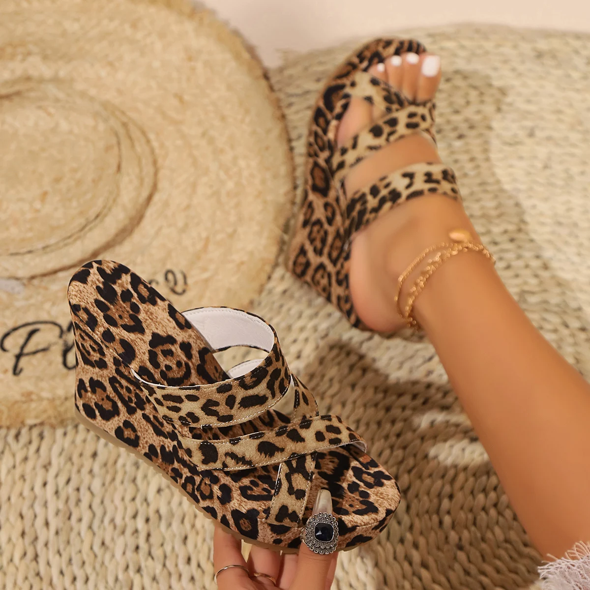 Leopard Print Wedge Heel Sandals for Women 2024 Summer Beach Thick Sole Slippers Woman Plus Size Chunky Platform Sandalias Mujer