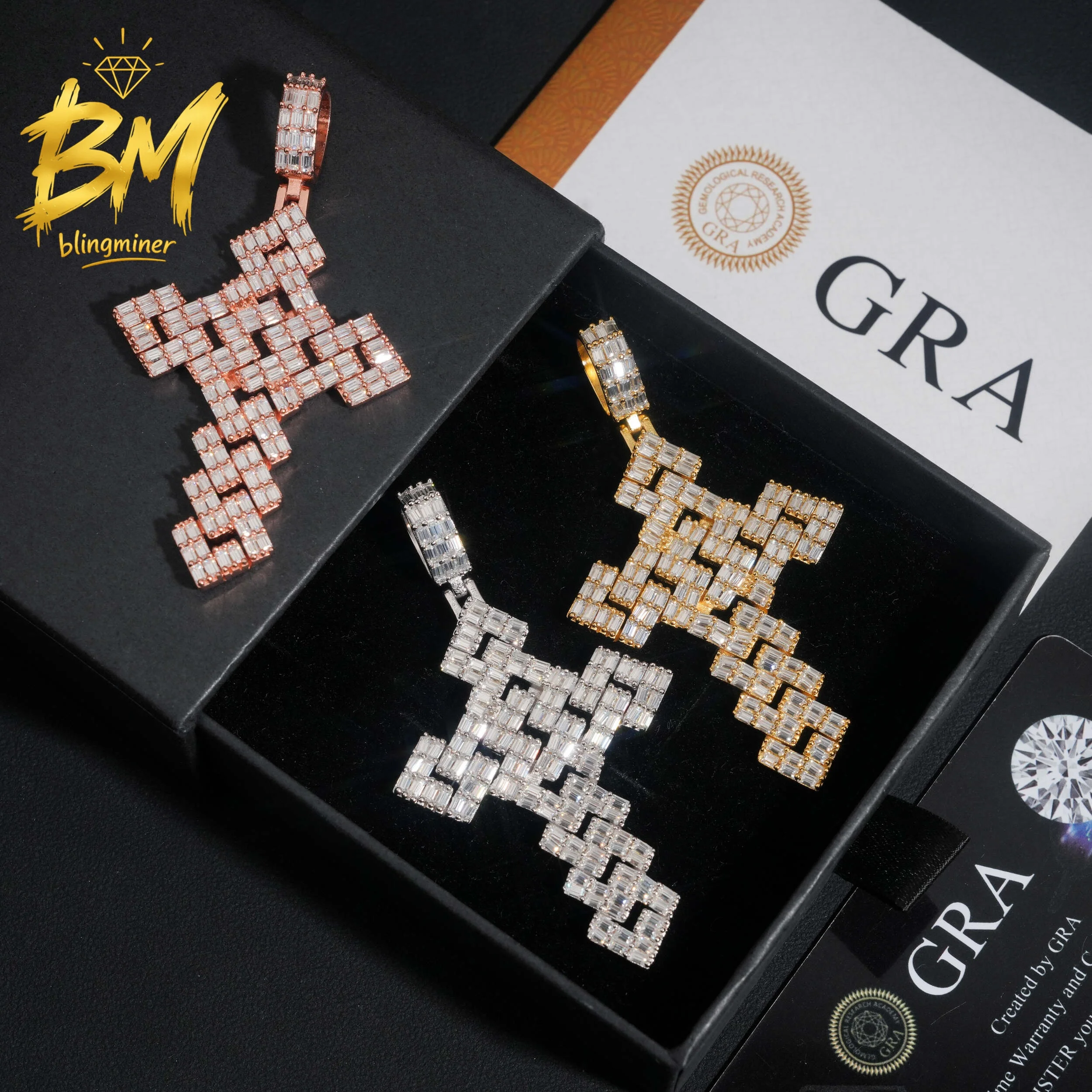 Blingminer S925 Silver Crossbaguette VVS Moissanite Pendant For Men Women Pendants Jewelry Pass Diamonds Tester GRA Free Shippin