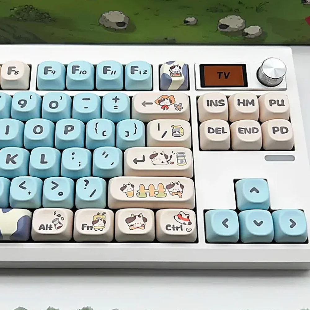 

Cute Cow Keycaps, PBT, Heat-sublimation, MOA Height, Cute Ranch Fit for 60, 84, 98, 108 Mechanical Keyboards