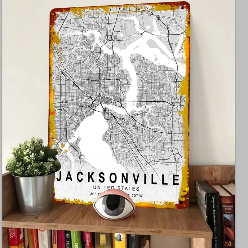 Jacksonville City Map Metal Wall Art USA Urban Street Grid Decor for Home Office
