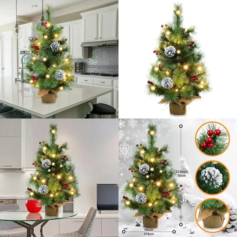 Pre-installed lights High-quality mini Christmas tree with fluffy pine needles, pine cones, berries, 2-foot burlap base,
